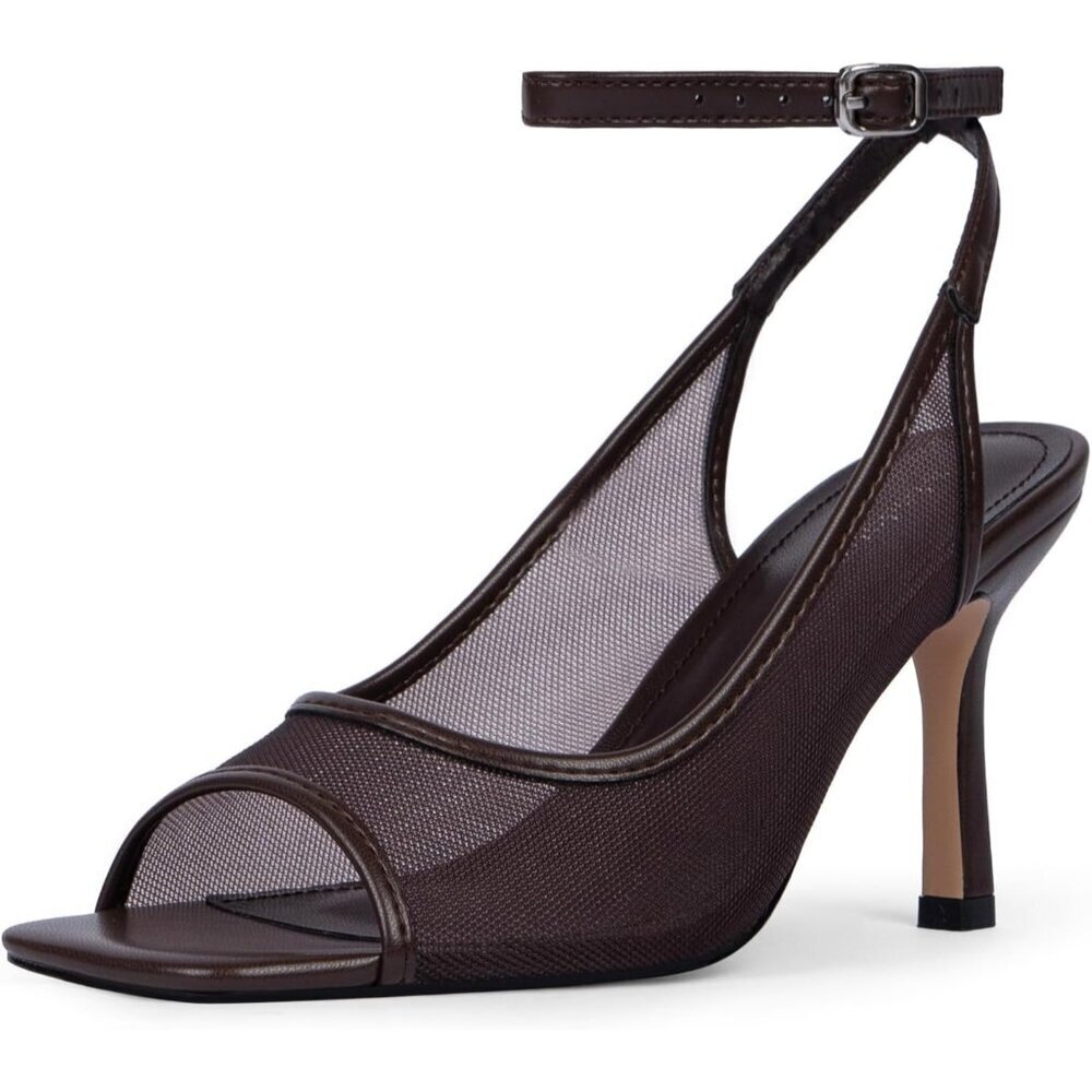 Women's Chocolate Mesh Square Open Toe High Heels Ankle Strap Heeled Sandals